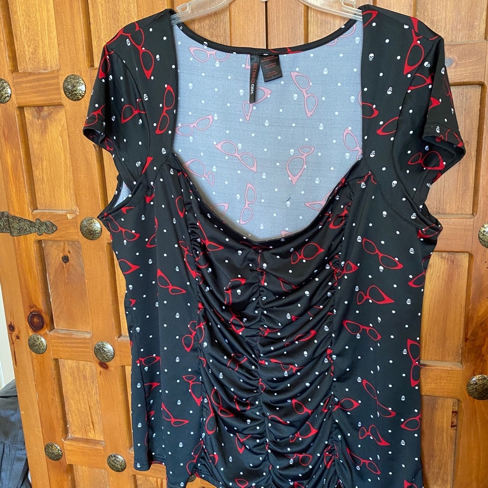 Retro Chic Blouse Red Glasses and Skulls
